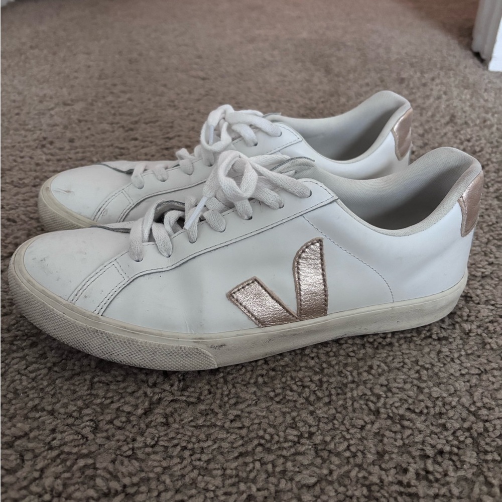 Worn Veja Women's White and Gold Sneakers
